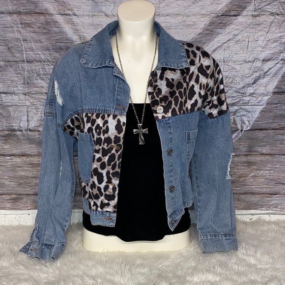 Denim Cropped Jacket With Leopard Print Detail - Picture 1 of 9